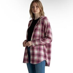 Aerie Womens Flannel Button Down Shirt S Pink Plaid Hooded Tunic Top Long Sleeve